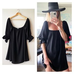 Square Neck Black Mini Dress with Puff Sleeves